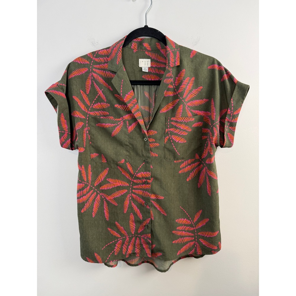 A New Day Tropical Palm Print Button Down S Olive Green Pink Short Sleeve